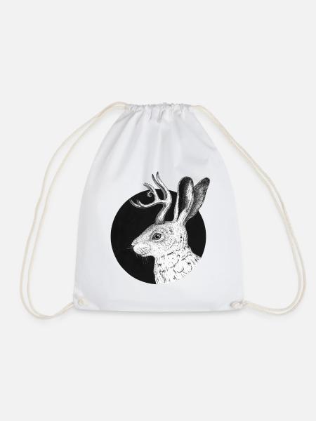 Jackalope - fabulous rabbit with antlers - Drawstring Bag - white