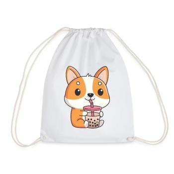 Corgi Drinking Bubble Tea - Drawstring Bag - white - Front