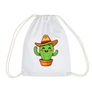 Smiling Cactus in Rustic Pot, Ready for Adventure - Drawstring Bag - white - Front