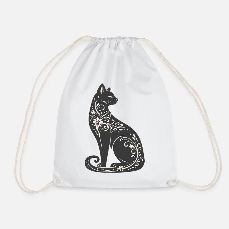 Night Cat Floral Elegance - Drawstring Bag - white