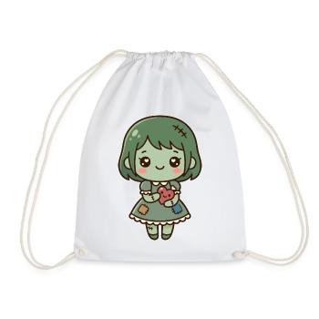 Süßes Kawaii-Zombie-Mädchen hält ein gesticktes Herz - Turnbeutel - Weiß - Vorne