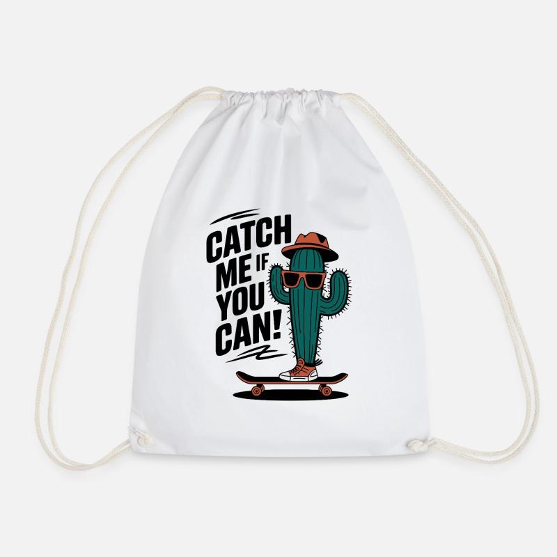 Catch Me If You Can! Cactus Skateboarder - Drawstring Bag - white