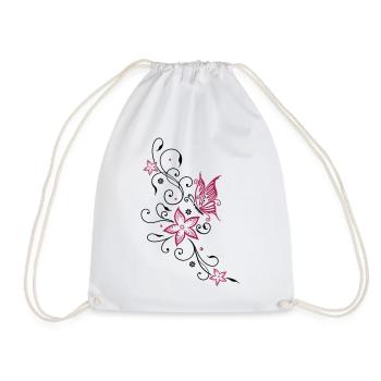 Flowers with filigree floral ornament, butterfly - Drawstring Bag - white - Front