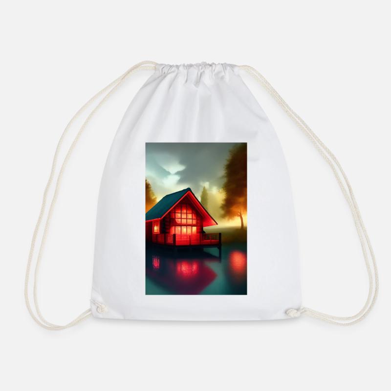 Charming Lakefront Cabin - Drawstring Bag - white