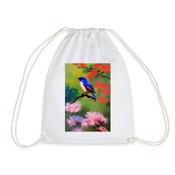 Bird on branch with flower blossoms - Drawstring Bag - white - Front