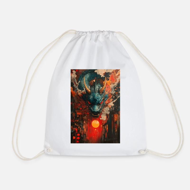 Dragon Storm over Neon City - Drawstring Bag - white