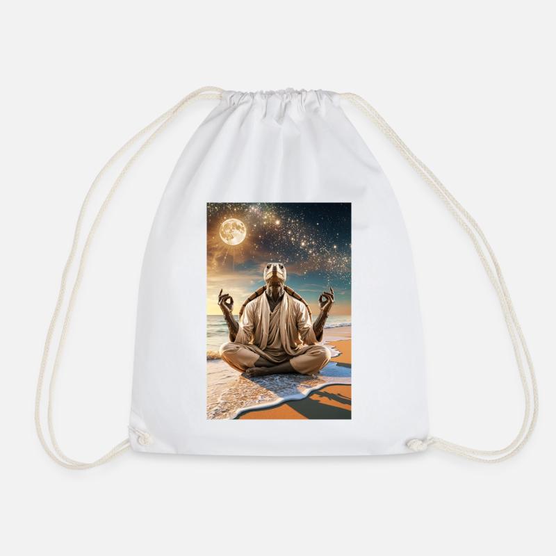 Humanoid Turtle Meditating Under the Moon - Drawstring Bag - white