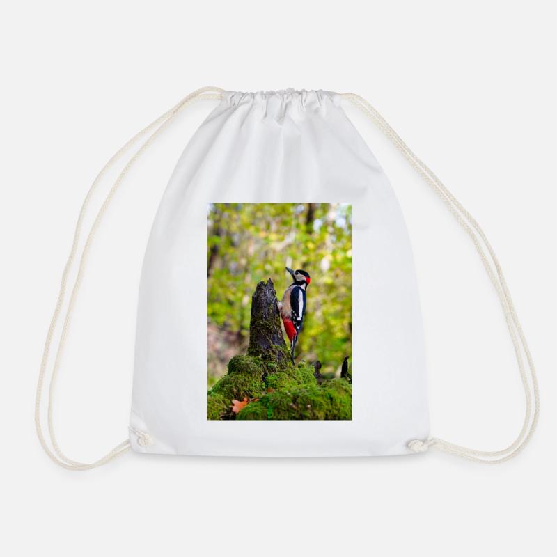 Woodpecker on Mossy Forest Stump - Drawstring Bag - white