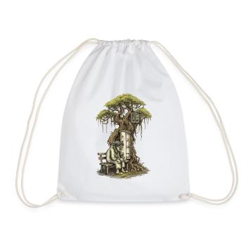 Treehouse poem: Old man squats in front of tree - Drawstring Bag - white - Front