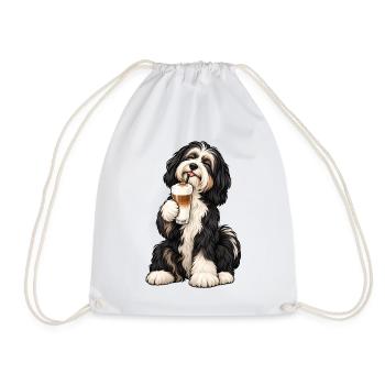 Tibet Terrier mit Latte Macchiato – Kaffeepause - Turnbeutel - Weiß - Vorne