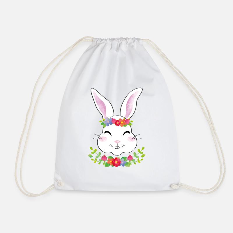Bunny with flower wreath - Drawstring Bag - white