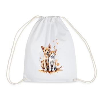Watercolor Buddies: A Puppy and Kitten - Drawstring Bag - white - Front