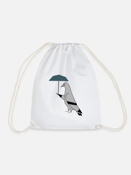 Pigeon with Umbrella – Urban Minimal Illustration - Drawstring Bag - white