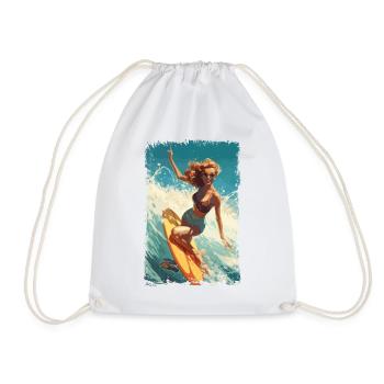 Retro Beach Babe - Surf Comic Design - Drawstring Bag - white - Front