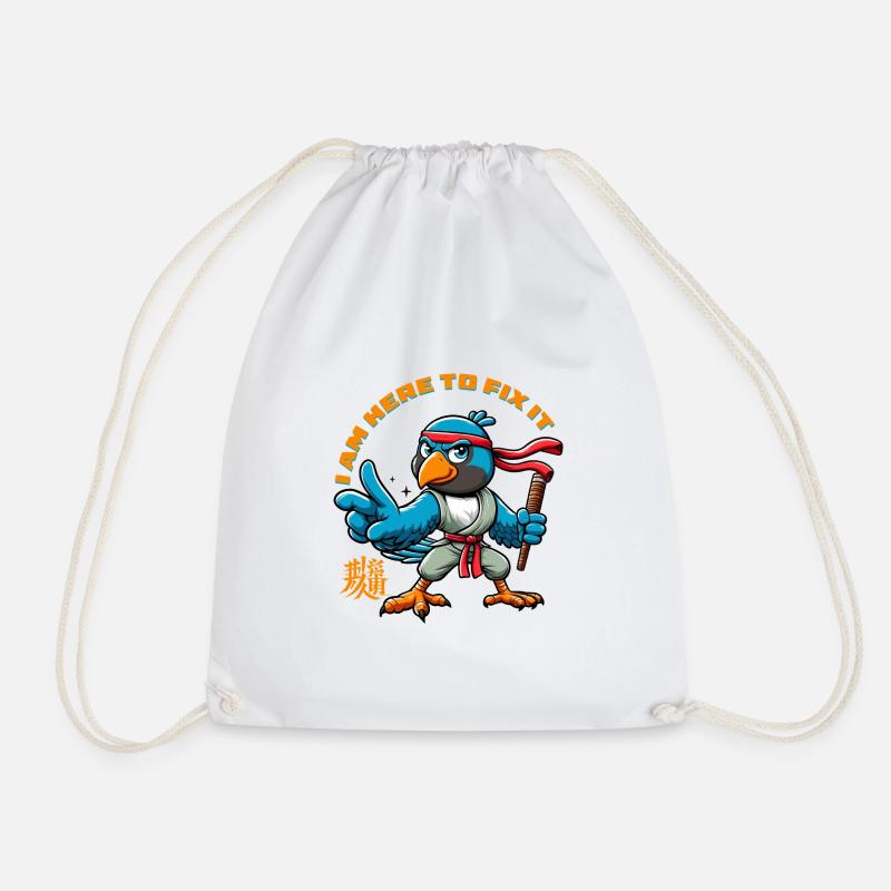 KUNG FU BIRD - I am here to fix it - Drawstring Bag - white