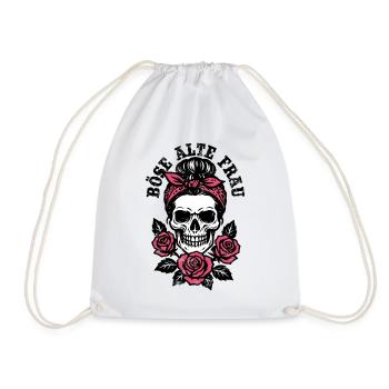 Böse alte Frau - Totenkopf - Rosen - Spruch - Turnbeutel - Weiß - Vorne