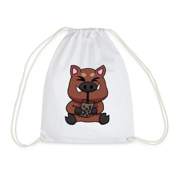 Bubble Tea Drinking Wild Boar Anime Kawaii - Drawstring Bag - white - Front