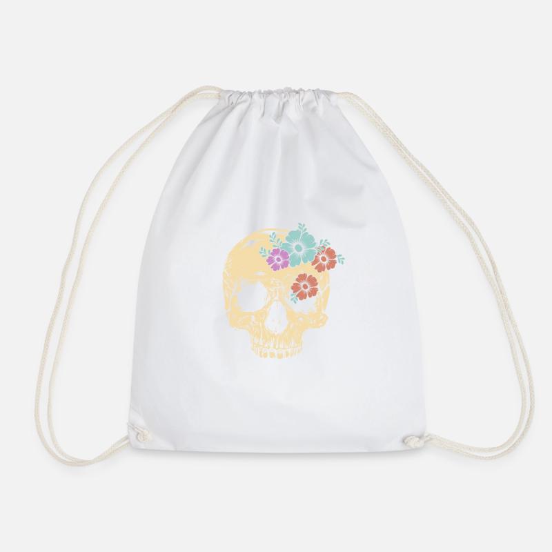 Von der alten Schule inspiriertes Blumenschädel-Design - Turnbeutel - Weiß