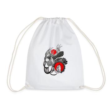 Monochrome flower circles with red - Drawstring Bag - white - Front
