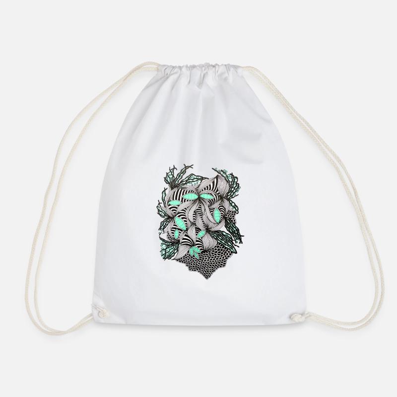 Line Flowers Pattern Mint Accent - Drawstring Bag - white