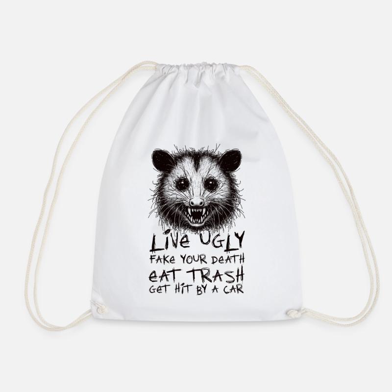 OPOSSUM, LIVE UGLY FAKE YOUR DEATH EAT TRASH - Drawstring Bag - white
