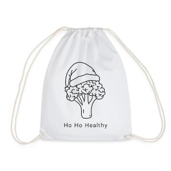 Ho Ho Healthy – Broccoli with a Christmas hat - Drawstring Bag - white - Front