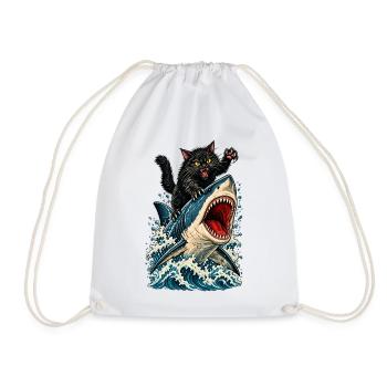 Angry Black Cat Riding a Great White Shark - Turnbeutel - Weiß - Vorne