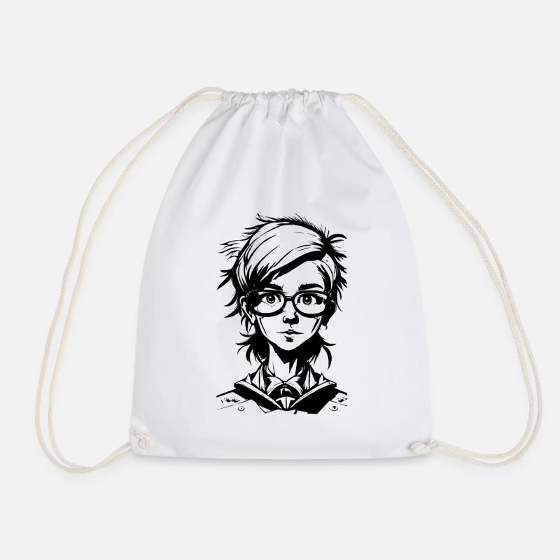 Manga Mädchen - Schulmädchen mit Brille - Turnbeutel - Weiß