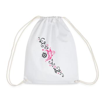 Butterfly with tribal ornament and flowers - Drawstring Bag - white - Front