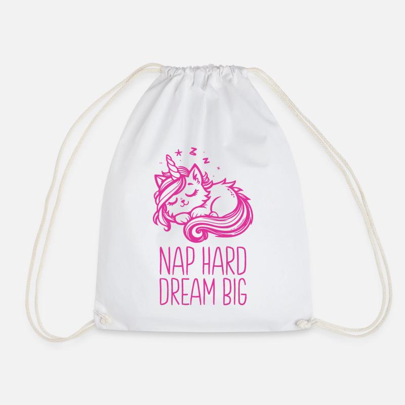 Nap Hard Dream Big Sleeping Unicorn Cat - Drawstring Bag - white