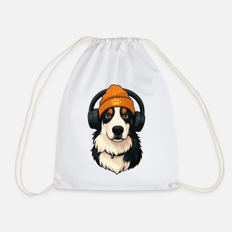 Cool Australian Shepherd with hat and headphones - Drawstring Bag - white