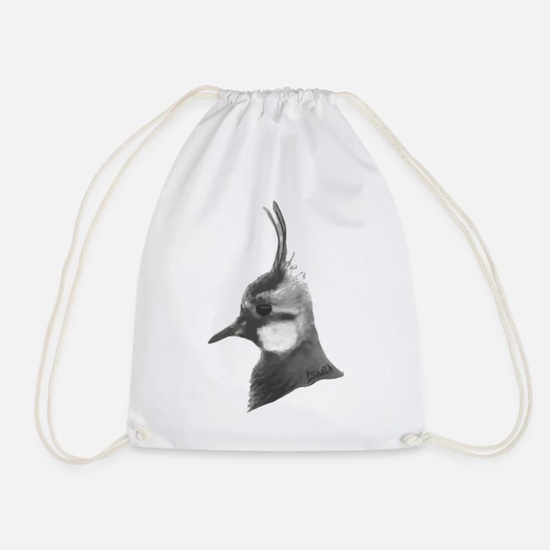 Lapwing Portrait - Gray Bird's Head with Feather Crown - Drawstring Bag - white