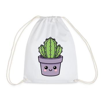 Kawaii Cactus in Purple Pot - Drawstring Bag - white - Front
