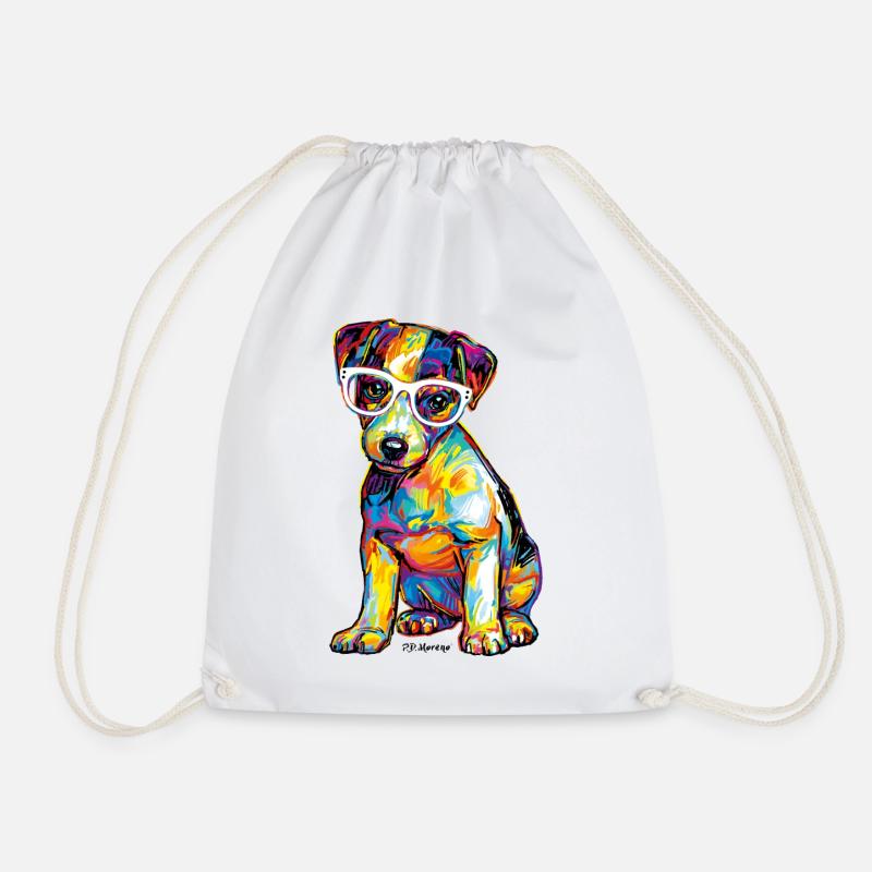 PD Moreno Jack Russel puppy with glasses - Drawstring Bag - white
