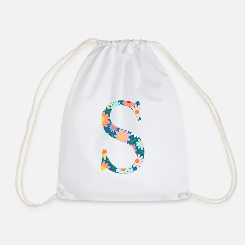 Customizable Monogram S Floral Pattern - Drawstring Bag - white