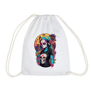 Sugar Skull Girl with Colourful Hair and Cityscape - Drawstring Bag - white - Front