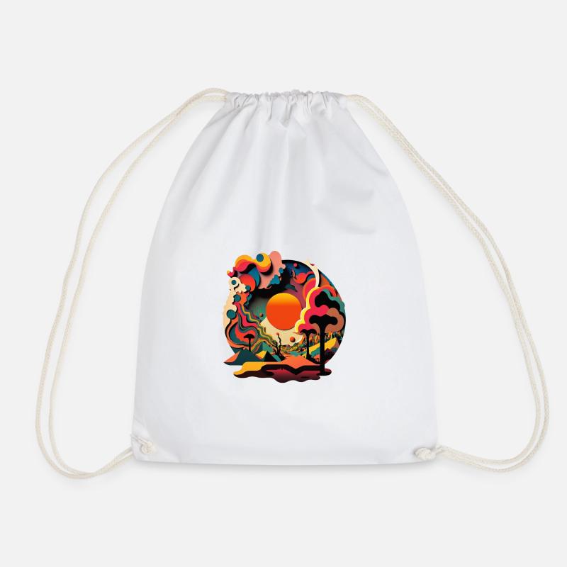 Psychedelic Sunscape - Retro Style Art - Drawstring Bag - white