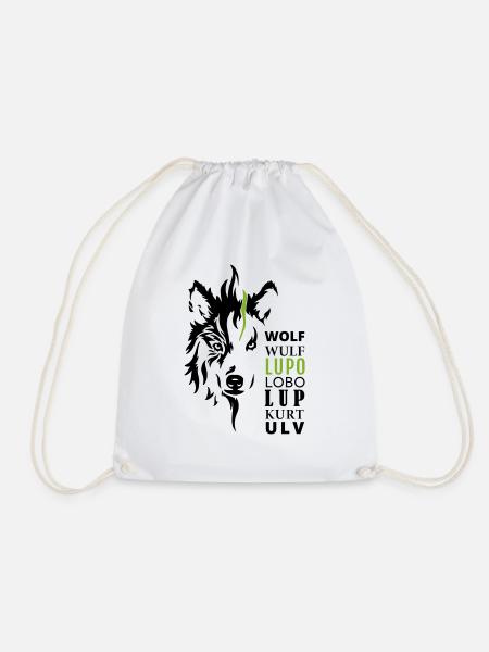 GOWILD Wolfmotiv - mit 7 Sprachen - Turnbeutel - Weiß