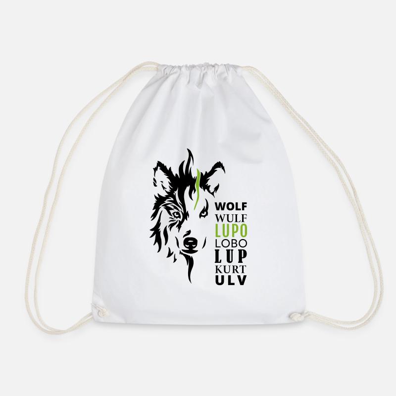 GOWILD Wolfmotiv - mit 7 Sprachen - Turnbeutel - Weiß