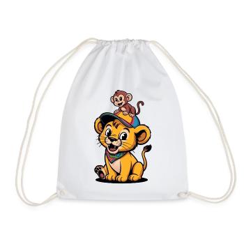 Cute Lion and Monkey – Best Friends - Drawstring Bag - white - Front