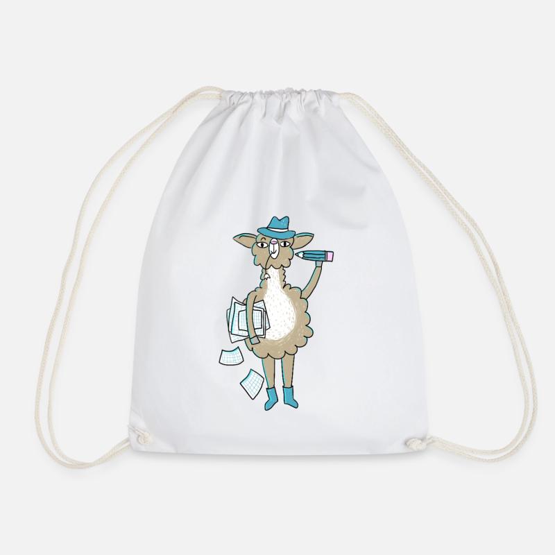 Llama with blue hat and writing utensils - Drawstring Bag - white
