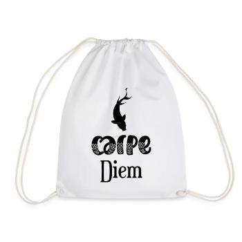 Carpe diem latin pun fishing fisherman humor - Drawstring Bag - white - Front