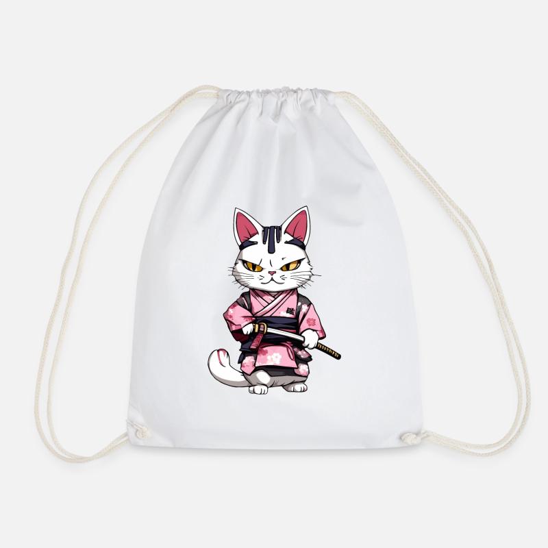 Samurai Cat & Cherry Blossoms #2 - Drawstring Bag - white
