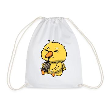 Anime Kawaii Bubble Tea Drinking Yellow Bird Hand - Drawstring Bag - white - Front