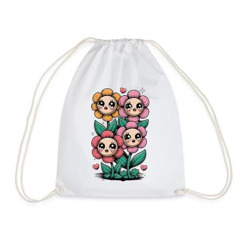 Kawaii Flowers Faces Cute Cartoon Flowers With - Drawstring Bag - white - Front