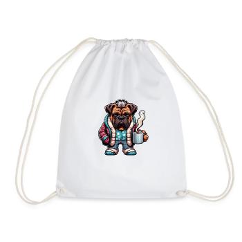 Bulldogge in Pyjama und Schal mit Kaffeetasse - Turnbeutel - Weiß - Vorne