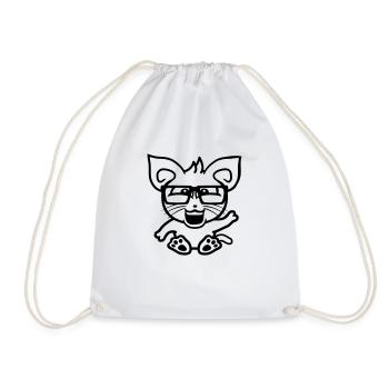 Nerd Cat Horn-Rimmed Glasses Geek Waving Clever Kitten - Drawstring Bag - white - Front