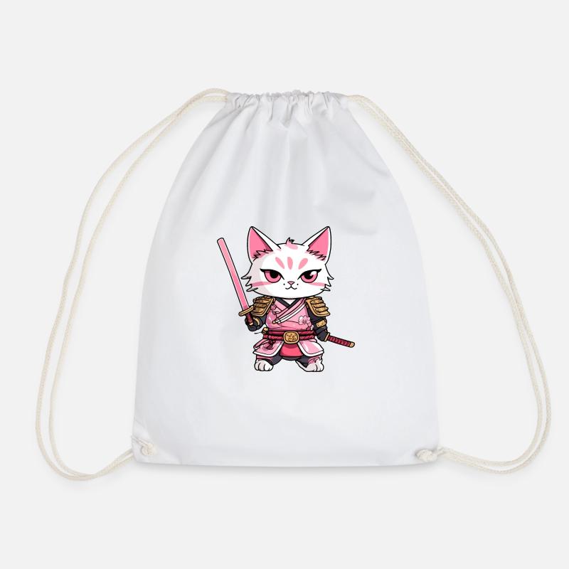Samurai Cat & Cherry Blossoms #9 - Drawstring Bag - white