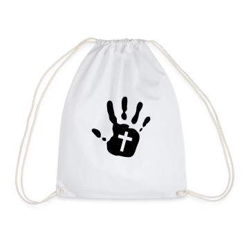 Handprint Christian Cross Cutout 1c - Drawstring Bag - white - Front