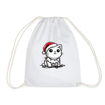 Cute Christmas Cat Santa Hat Christmas Lights - Drawstring Bag - white - Front